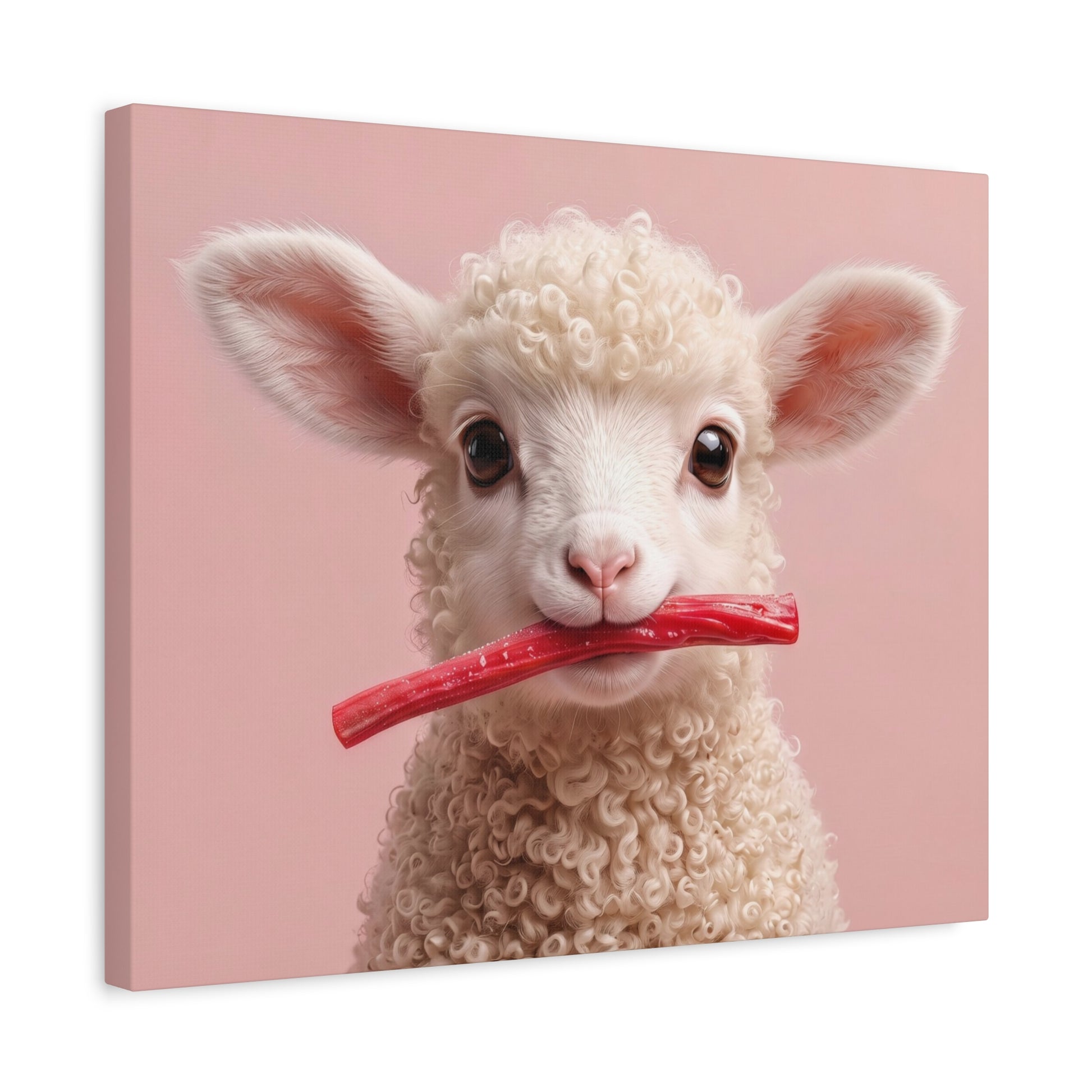 Cute Lamb Canvas Wall Art - Adorable Lamb with Red Candy on Pink Matte Stretched Canvas - Chunique Chihuahuas