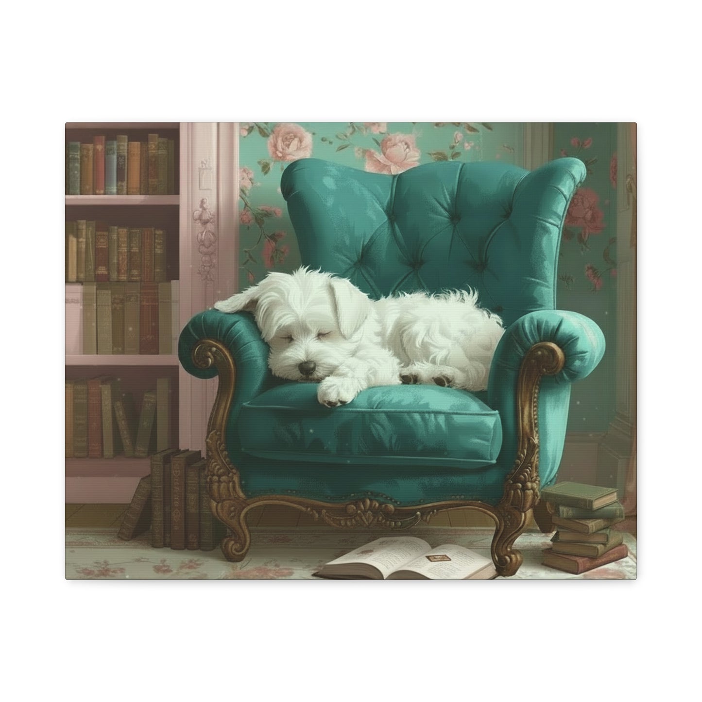 White dog lying on a teal armchair in a room with floral wallpaper and bookshelves.