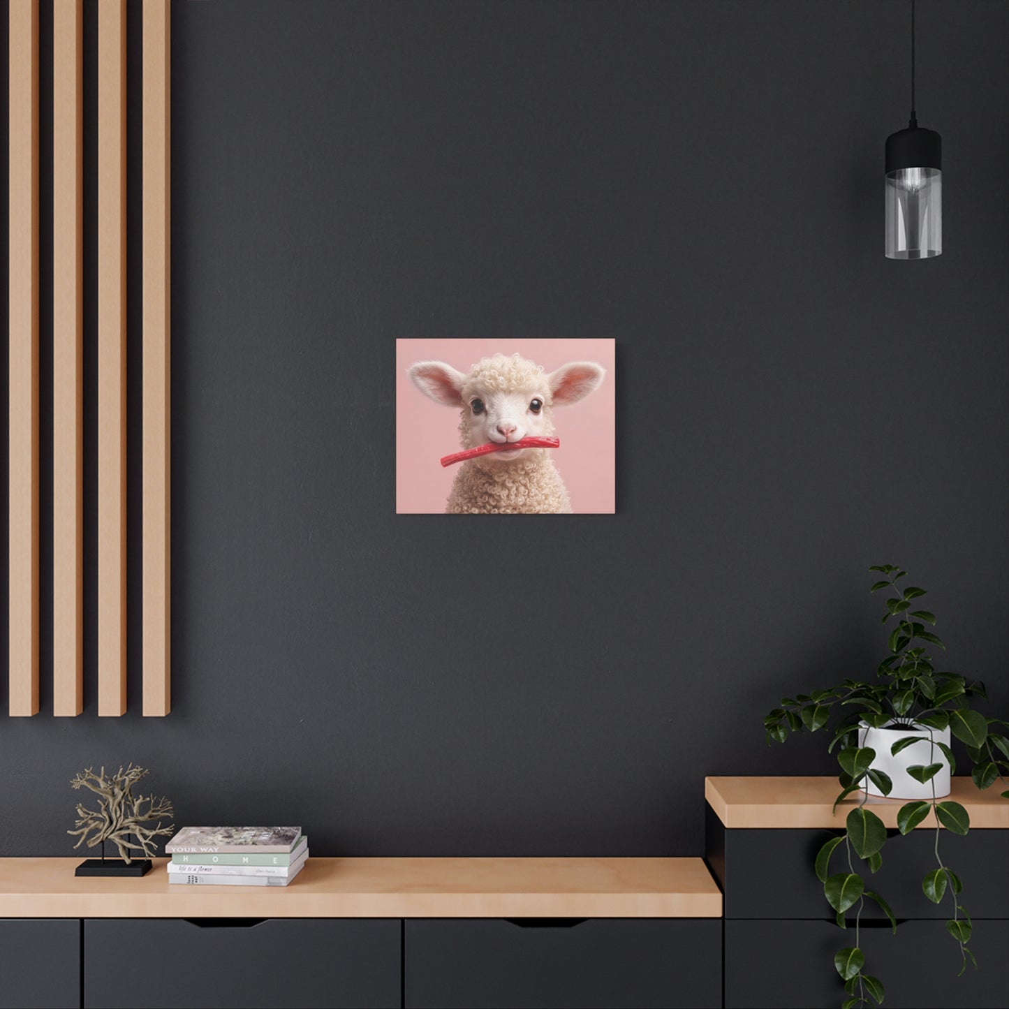 Cute Lamb Canvas Wall Art - Adorable Lamb with Red Candy on Pink Matte Stretched Canvas - Chunique Chihuahuas