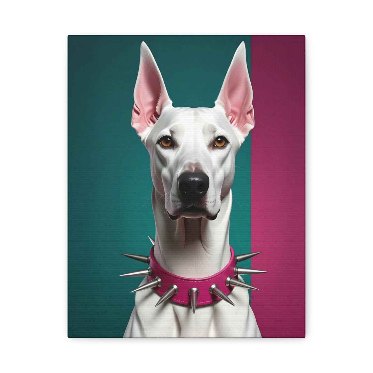 White dog with pink spiked collar on a colorful background