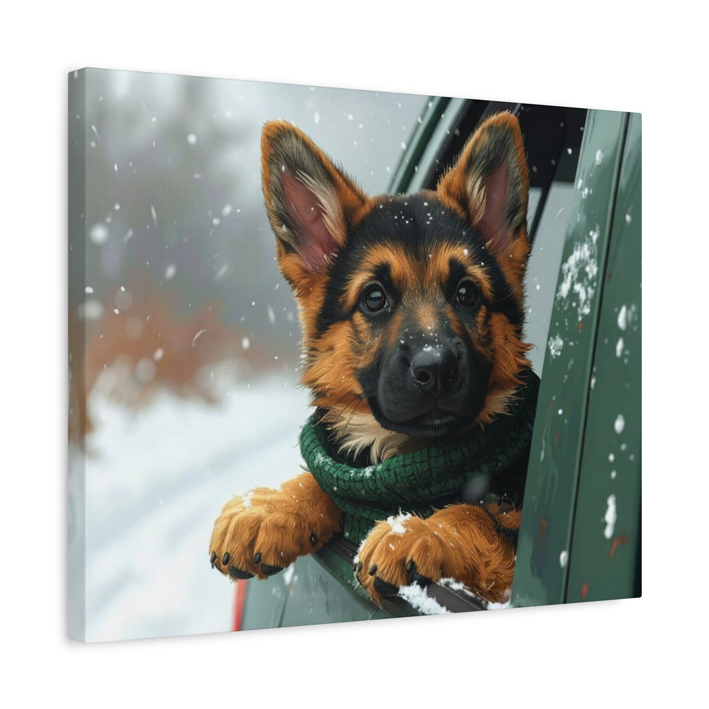 German Shepherd puppy wearing a green scarf looking out of a car window on a snowy day.