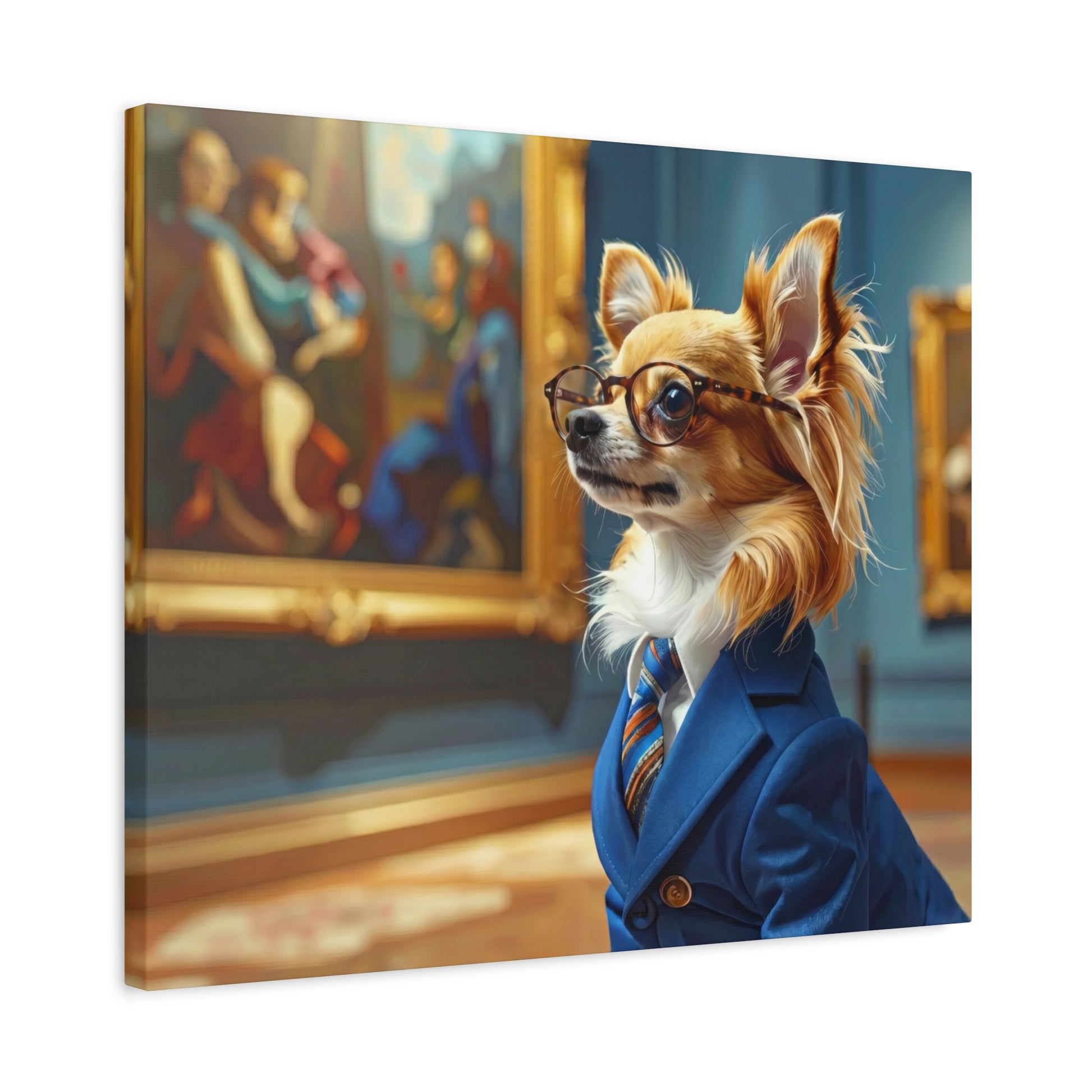 A Chihuahua in a suit and glasses looking at art.