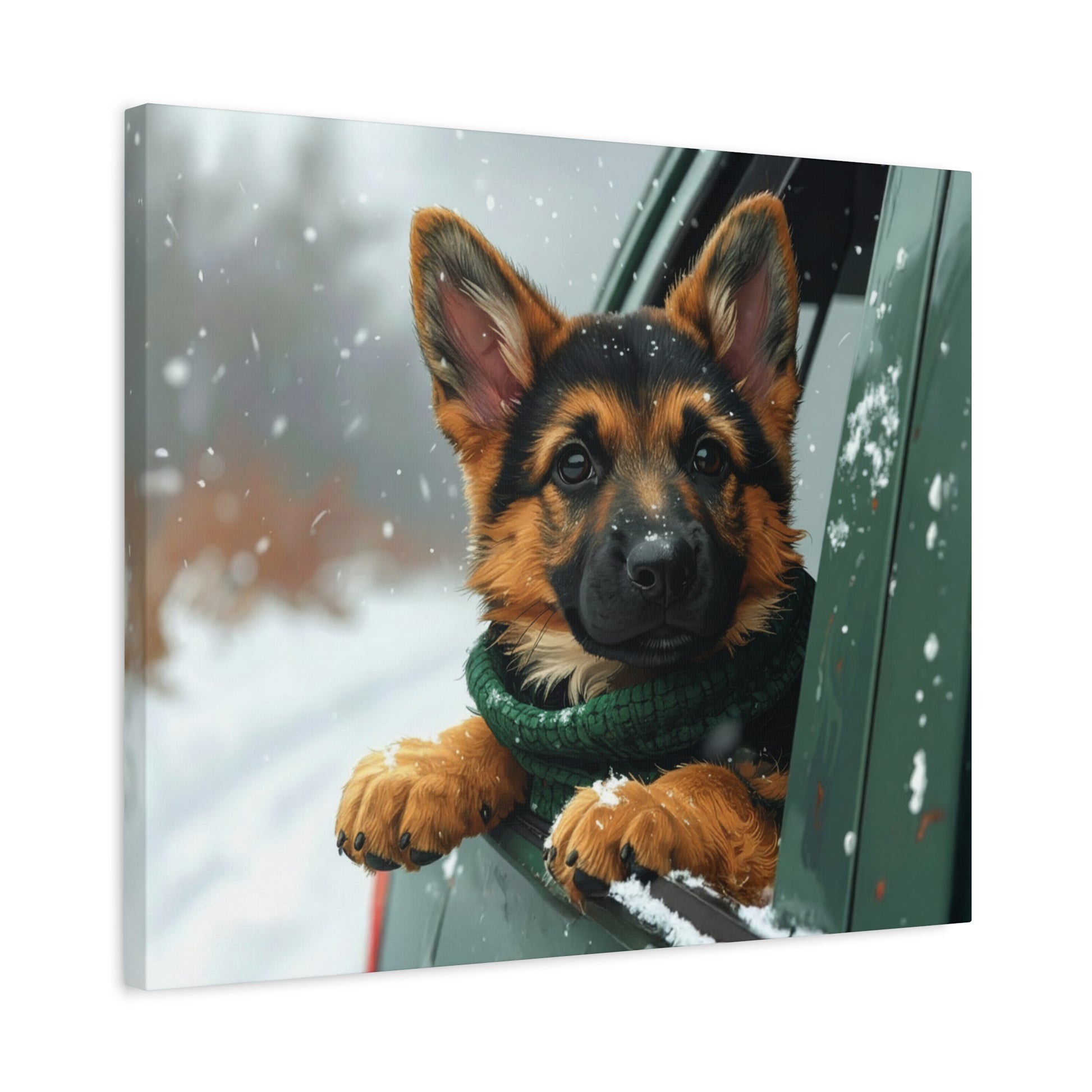 Dog wearing a green scarf looking out of a car window on a snowy day