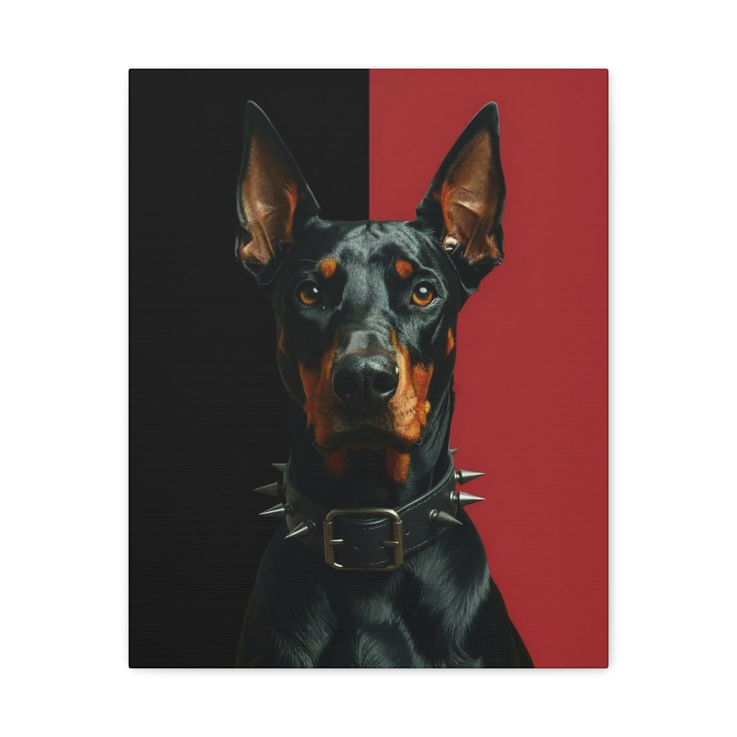 Dog with a spiked collar on a black and red background