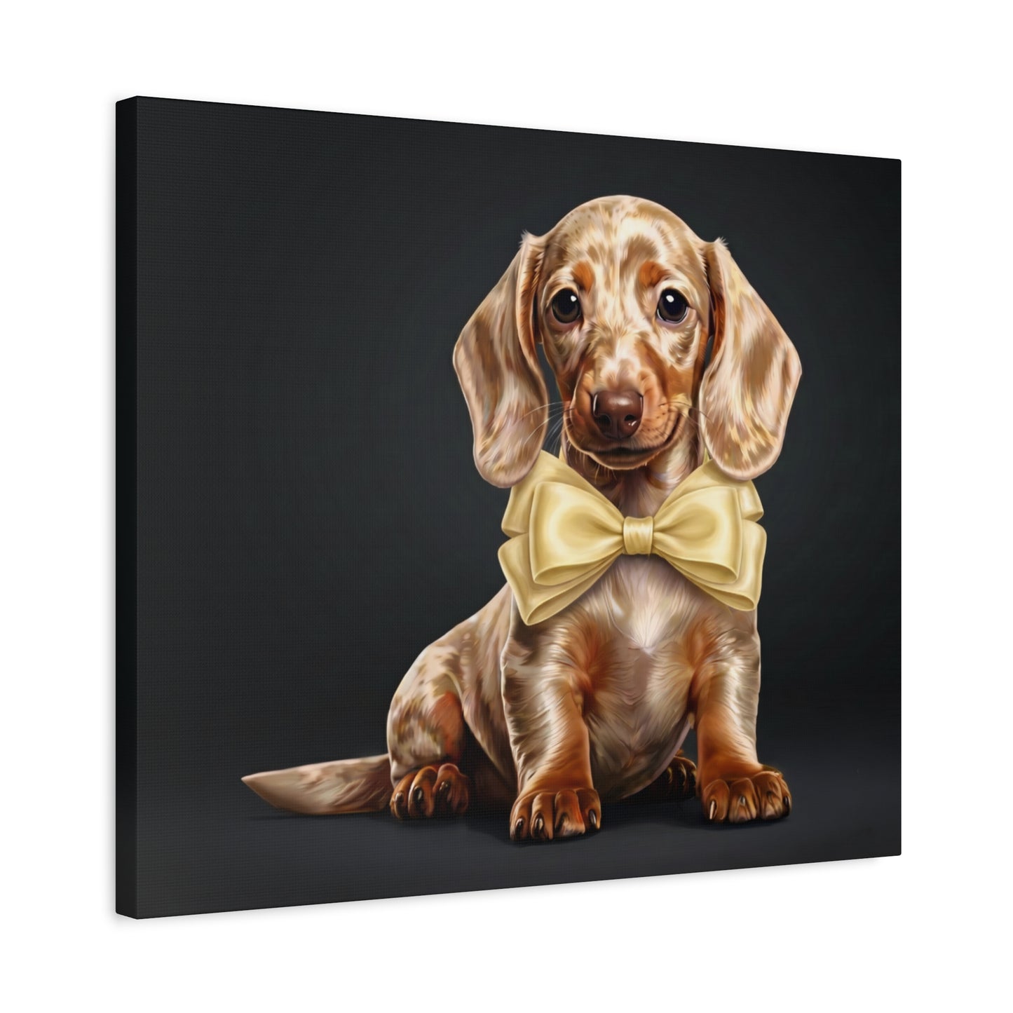 Canvas print of a dachshund wearing a yellow bow tie on a black background