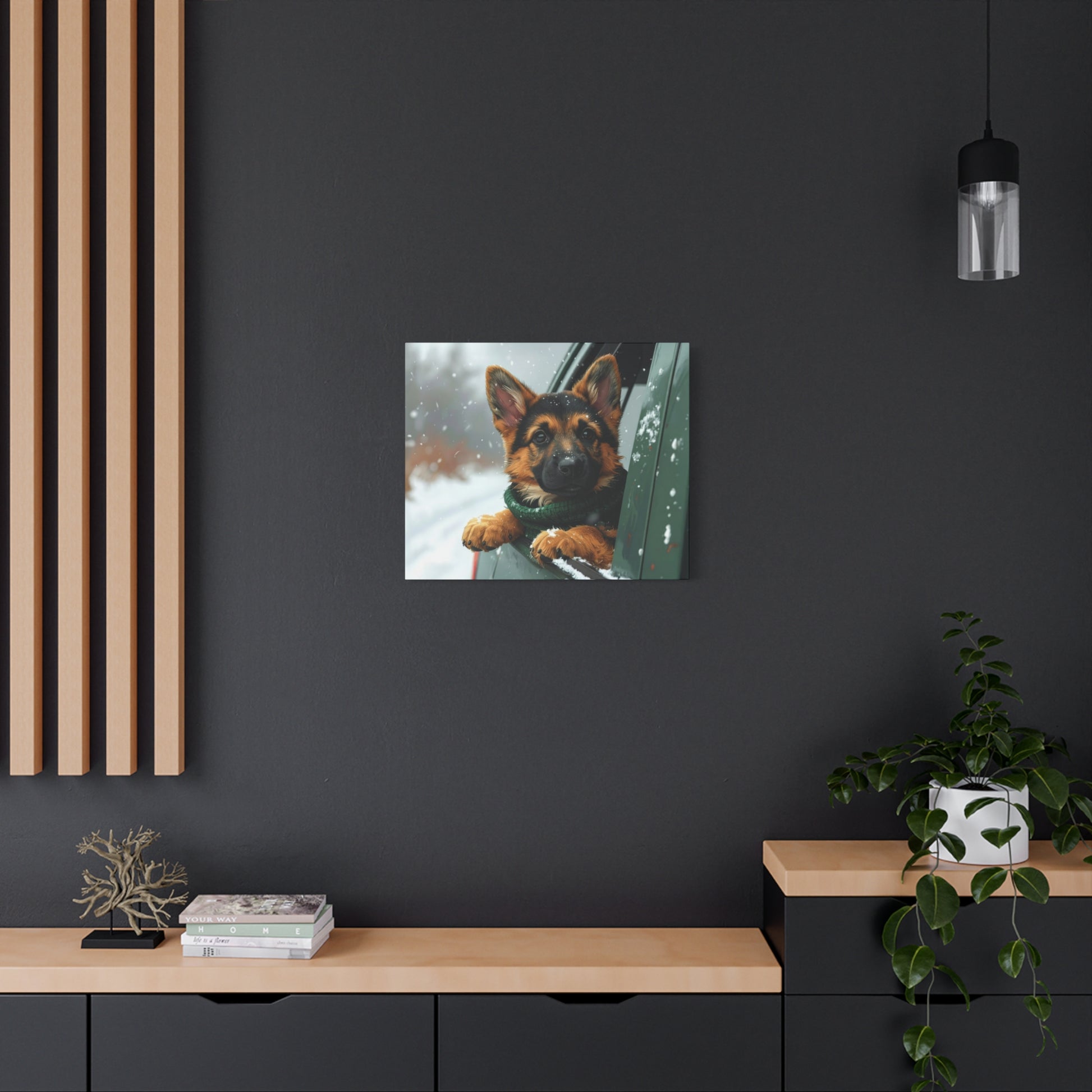 Framed picture of a dog on a dark wall with wooden shelves and decor.