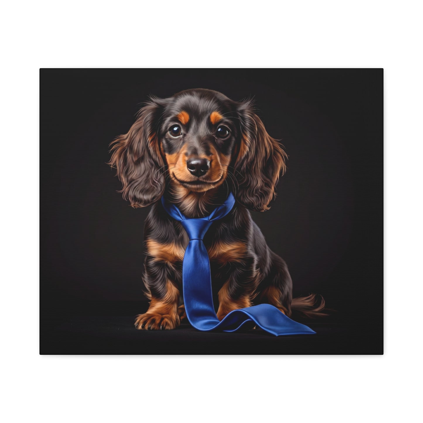 Dachshund wearing a blue tie on a black background