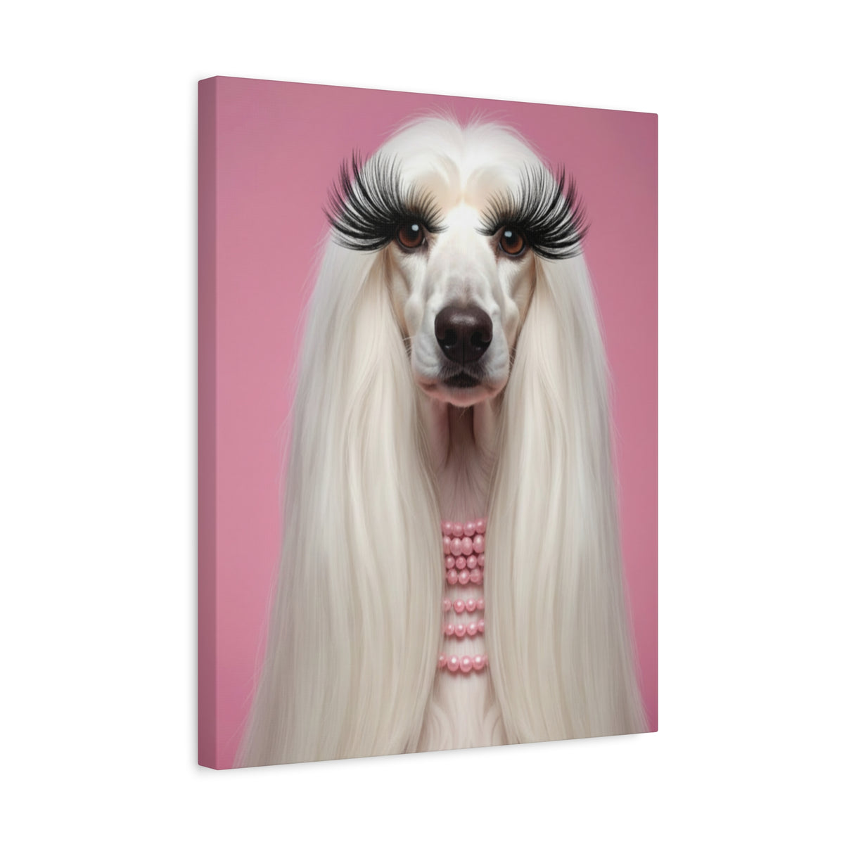Glam Afghan Hound Canvas Print — Pink Portrait with Lashes & Pearls - Chunique Chihuahuas