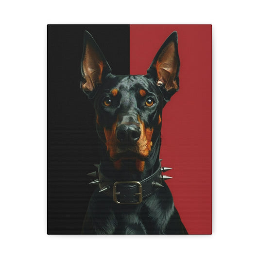 Dog with a spiked collar on a black and red background