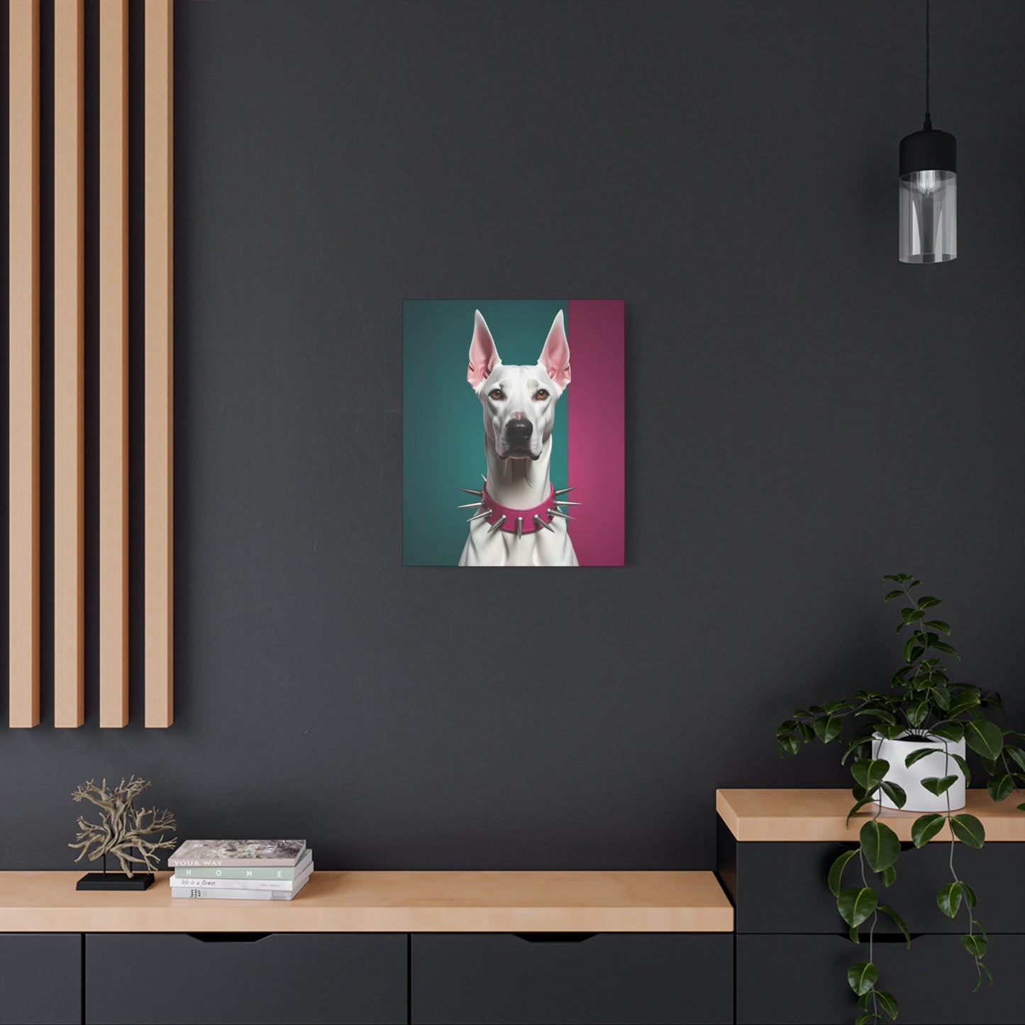 Canvas print of a dog's face on a dark wall with wooden shelves and decor.