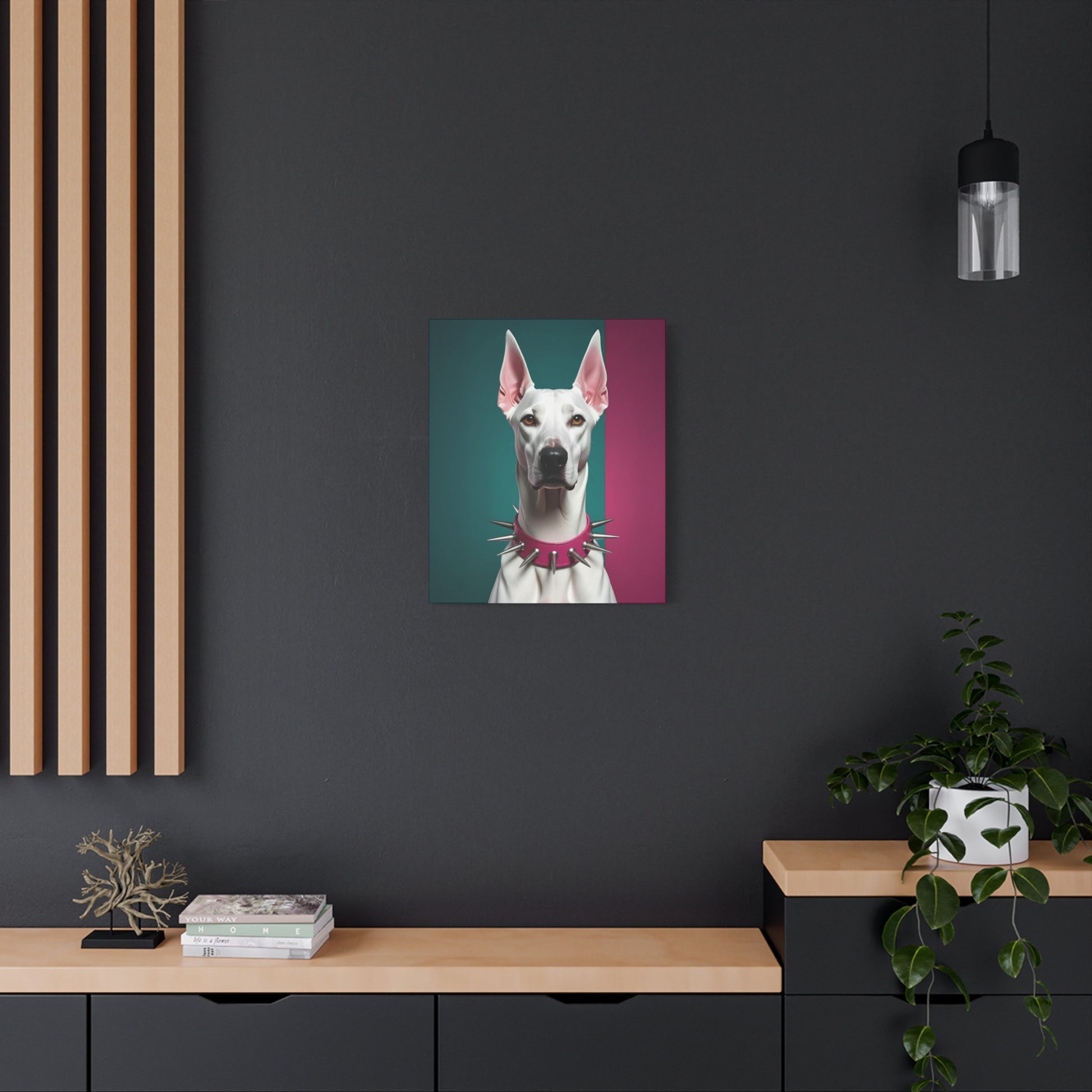 Canvas print of a dog's face on a dark wall with wooden shelves and decor.