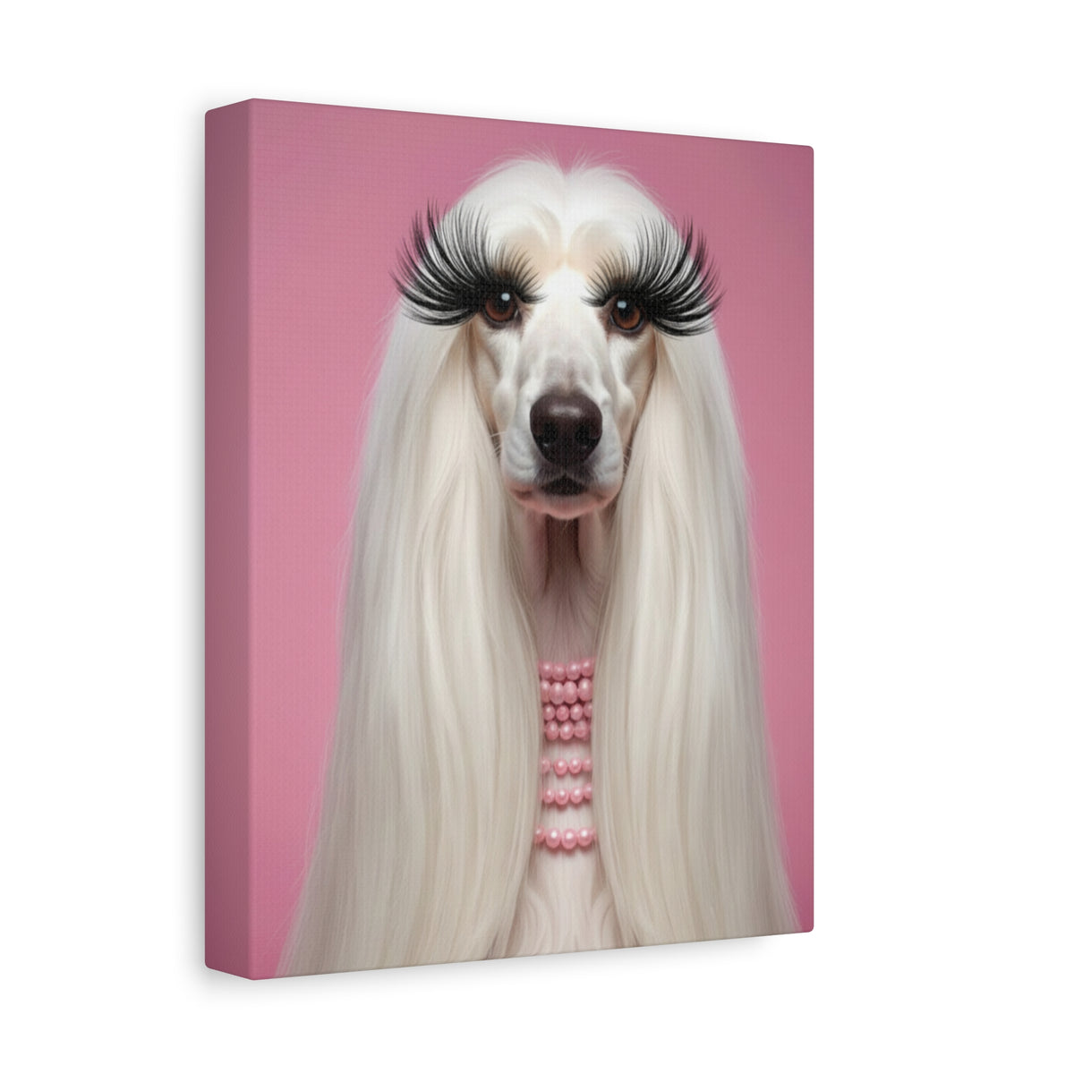 Glam Afghan Hound Canvas Print — Pink Portrait with Lashes & Pearls - Chunique Chihuahuas