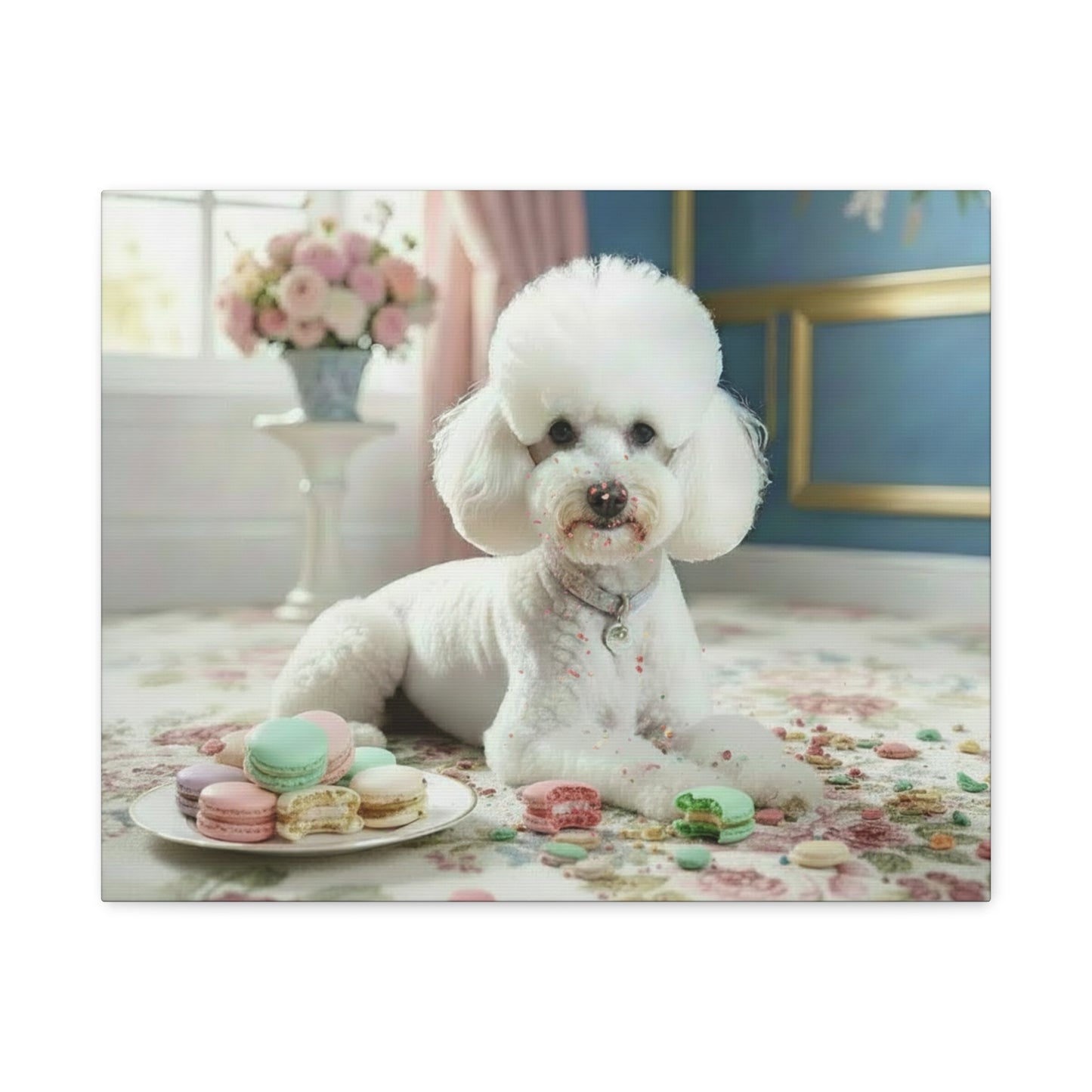 White dog sitting on a floral rug with a plate of colorful macarons in a decorated room.