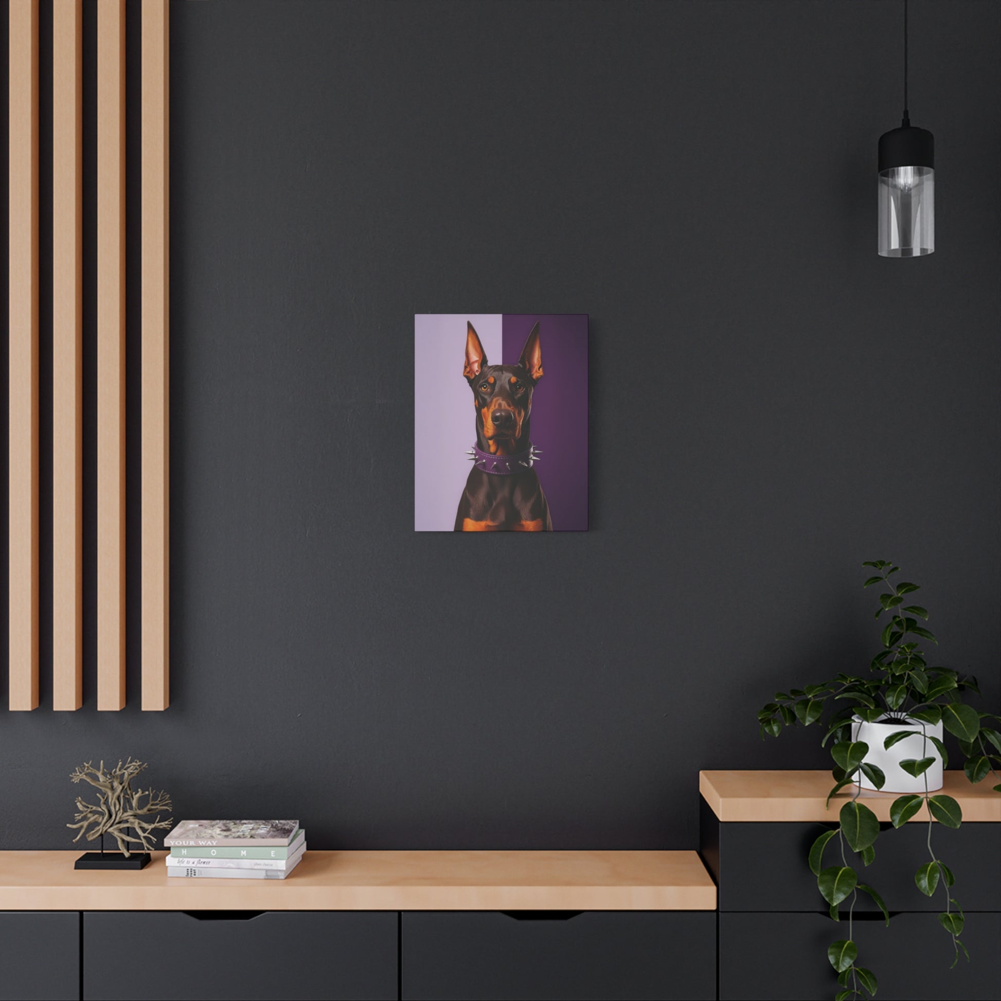 Canvas print of a dog on a dark wall with wooden shelves and decor.