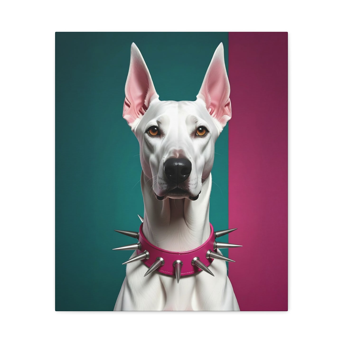 White dog wearing a pink collar with spikes on a gradient background