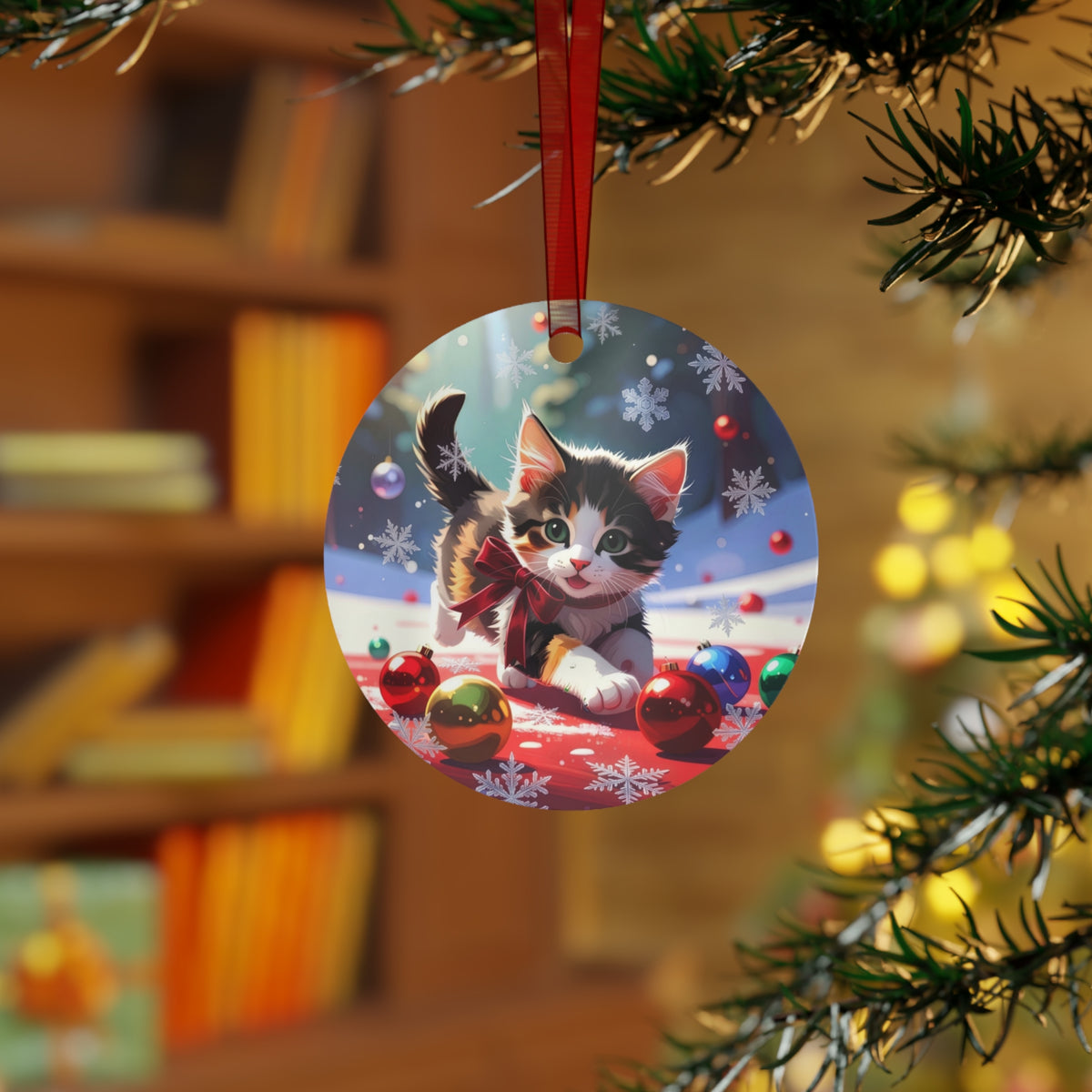 Cute Christmas Kitten Metal Ornament – Holiday Cat Decoration