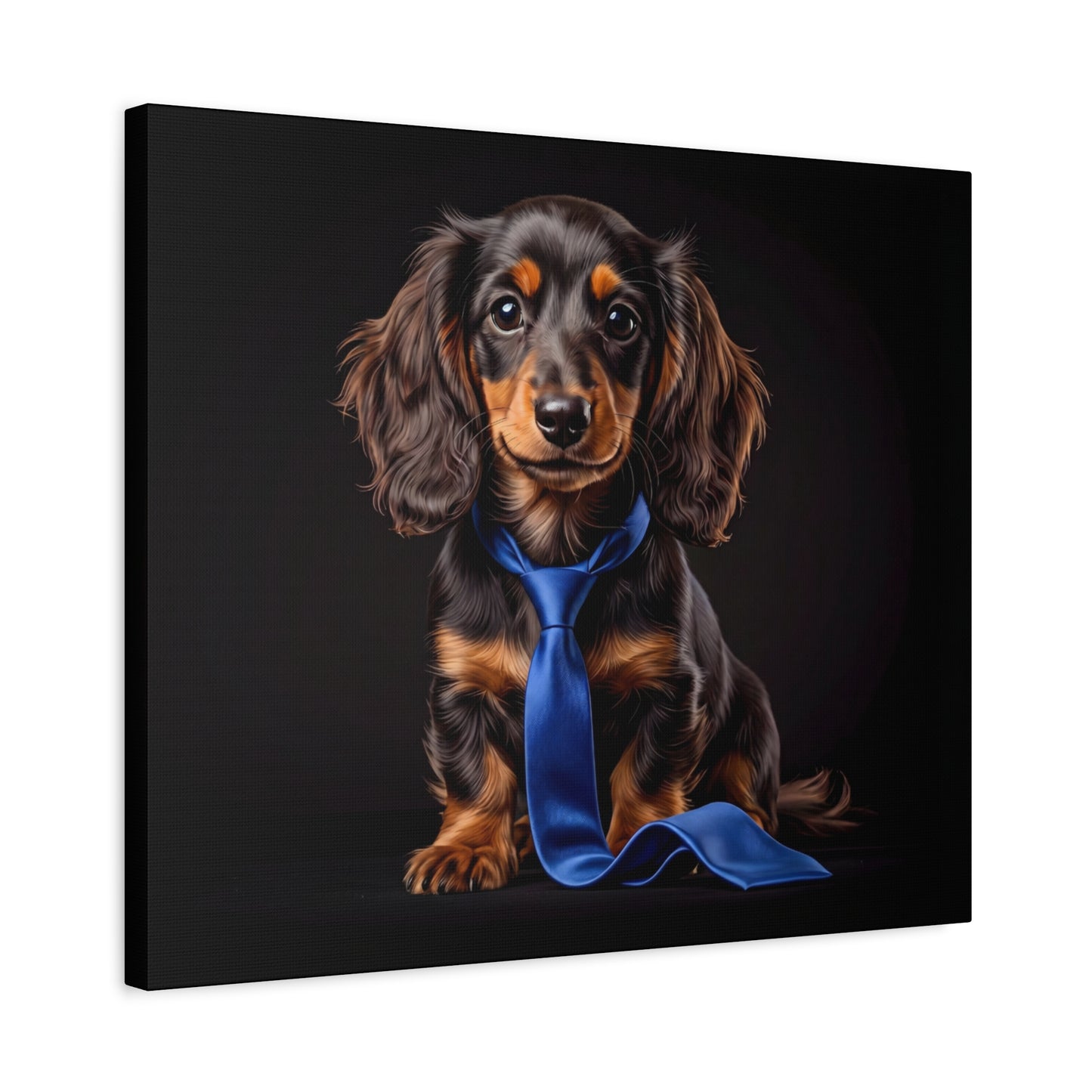 Dachshund wearing a blue tie on a black background