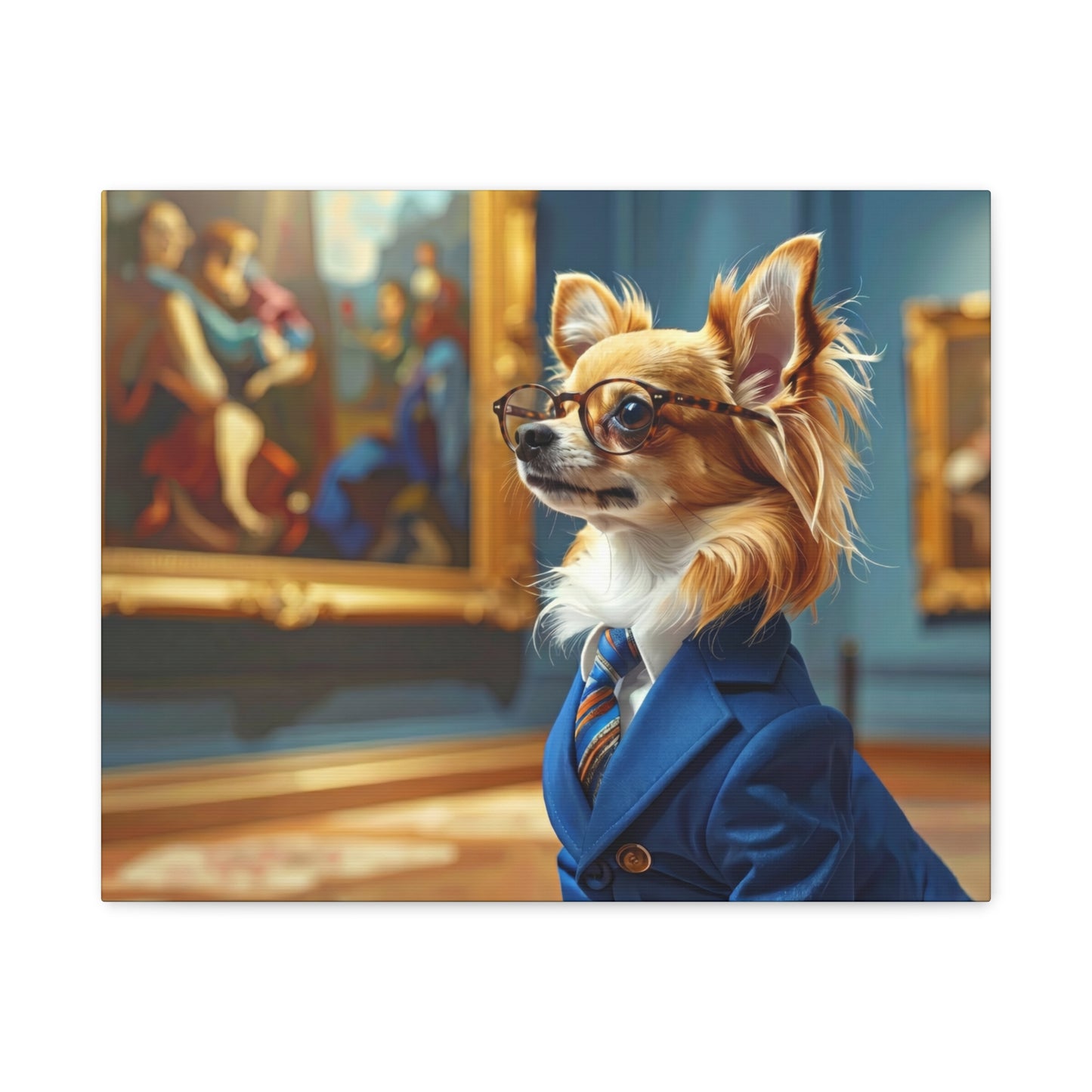 A Chihuahua in a suit and glasses looking at art.