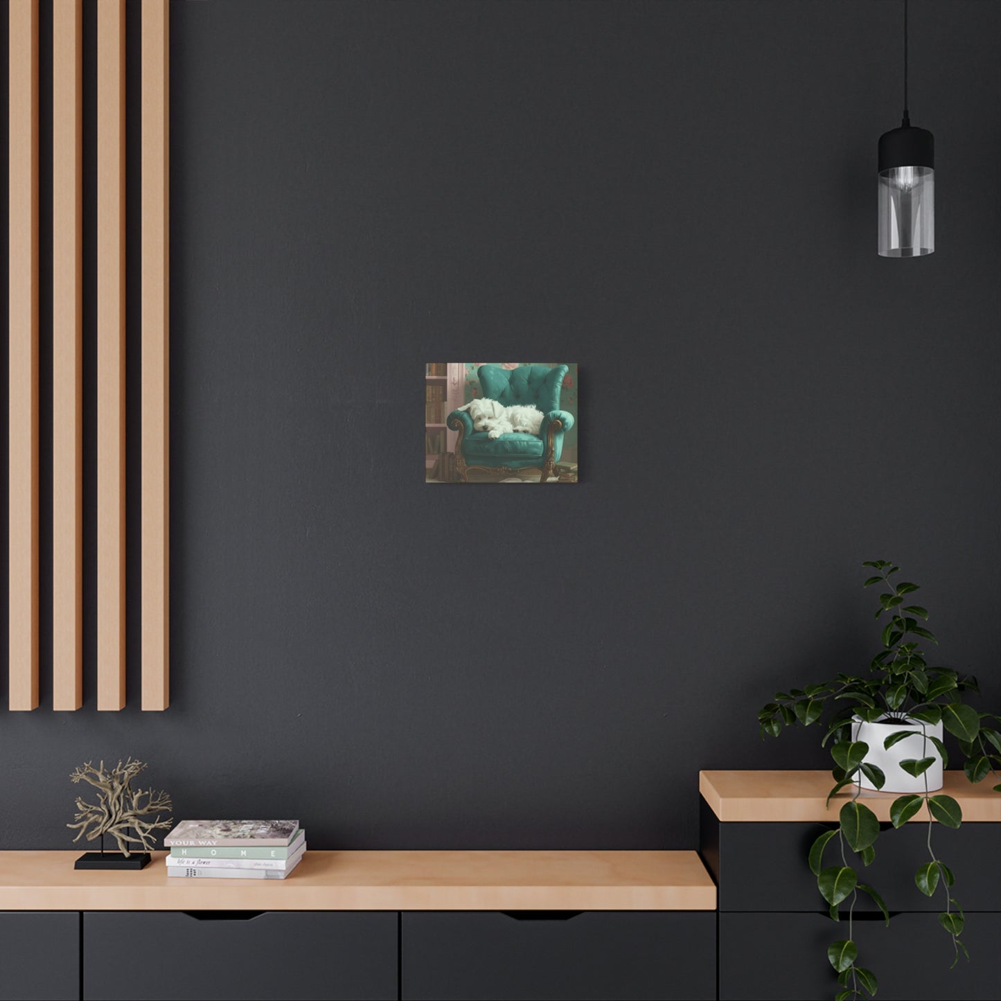 Modern interior with a dark wall, wooden shelf, and decorative items.
