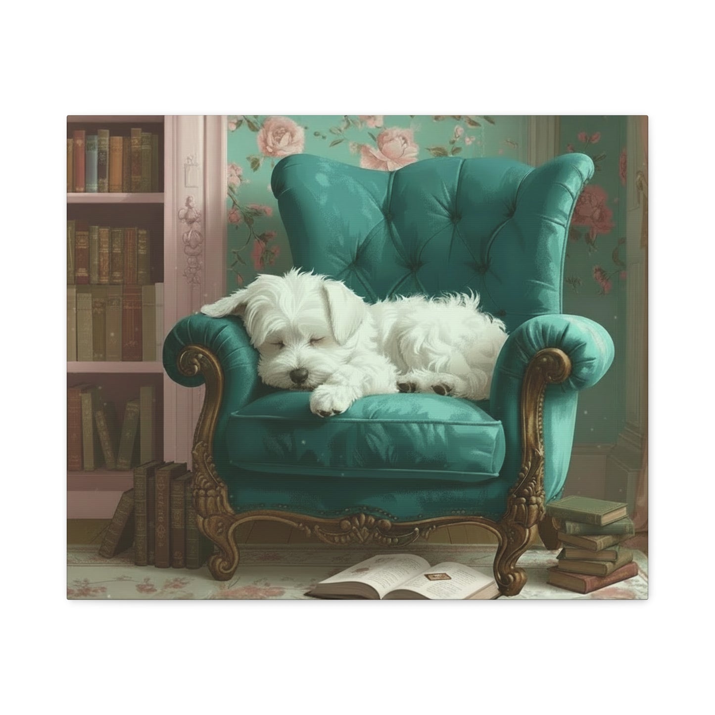 White dog lying on a teal armchair in a room with floral wallpaper and bookshelves.