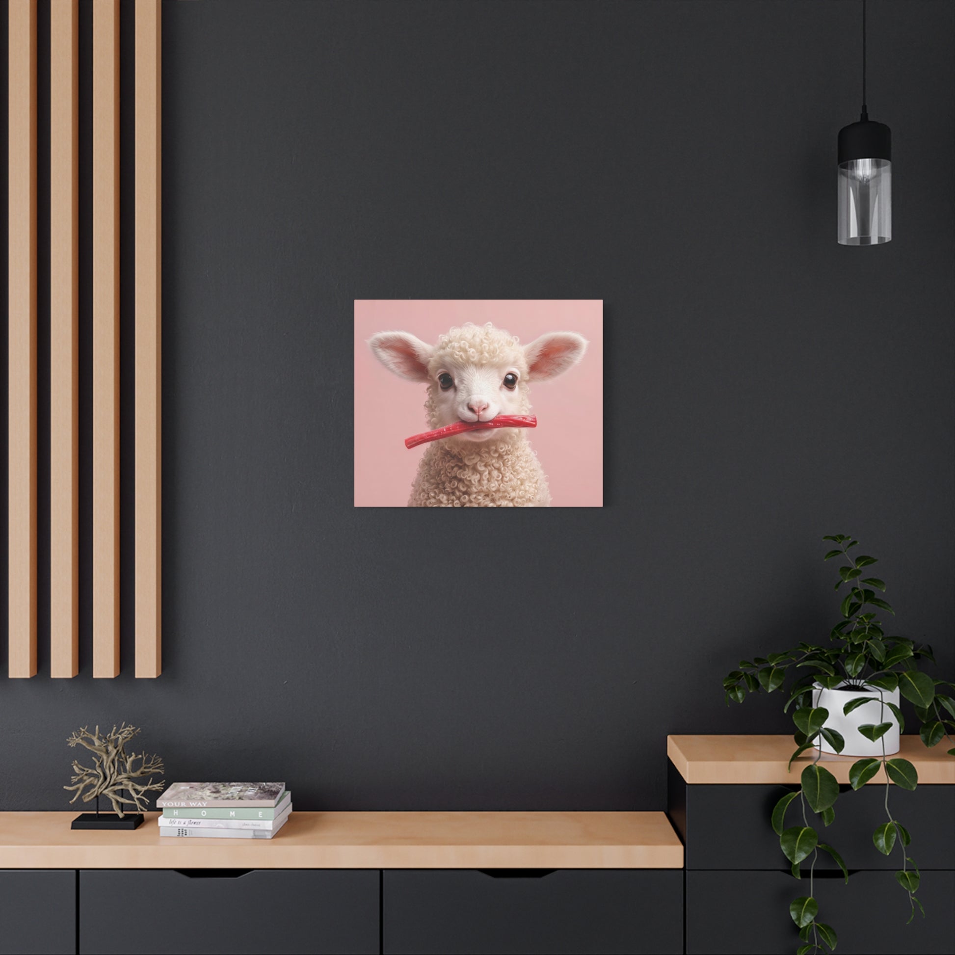 Cute Lamb Canvas Wall Art - Adorable Lamb with Red Candy on Pink Matte Stretched Canvas - Chunique Chihuahuas