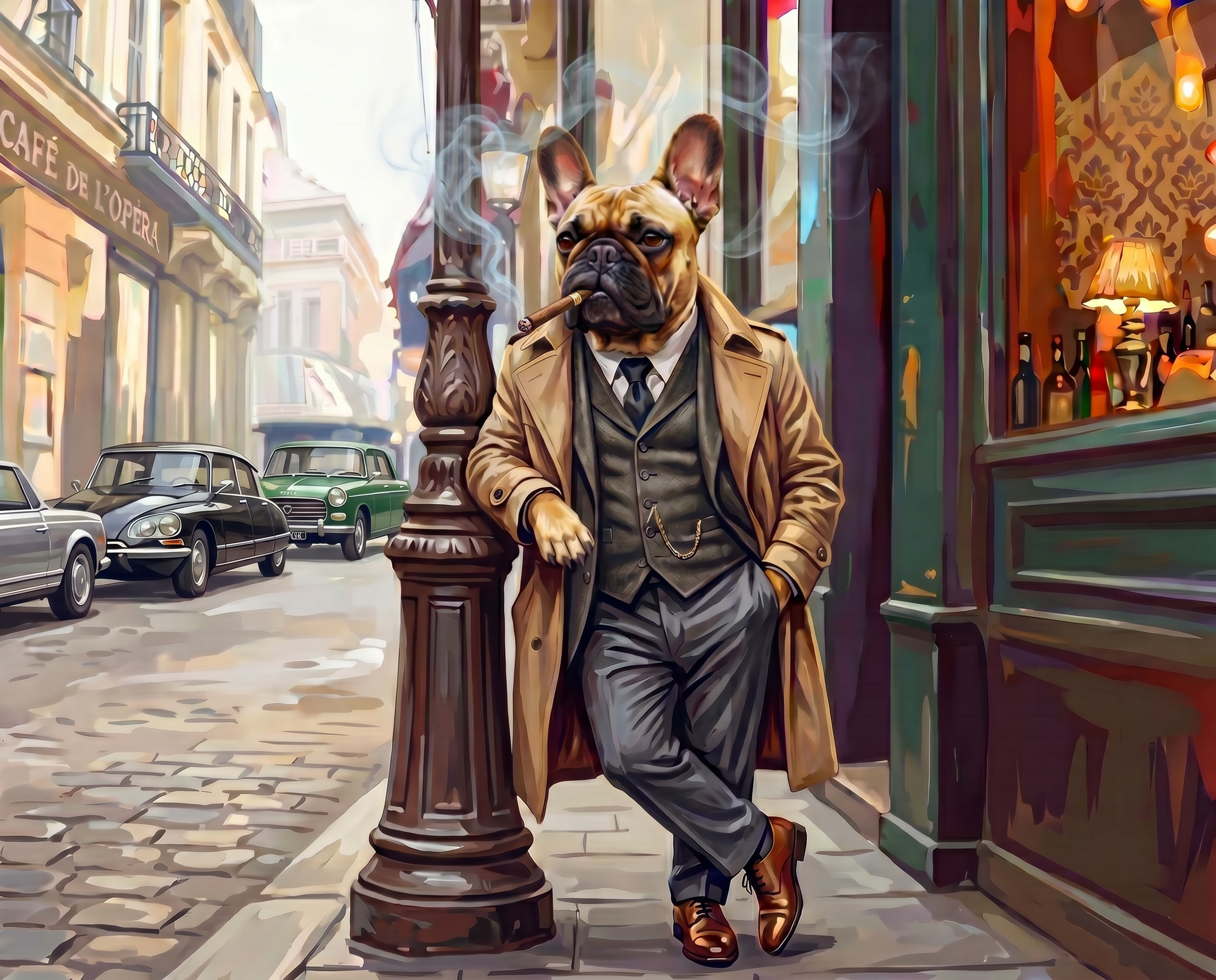 A French Bulldog smoking a cigar on the streets of Paris, France.