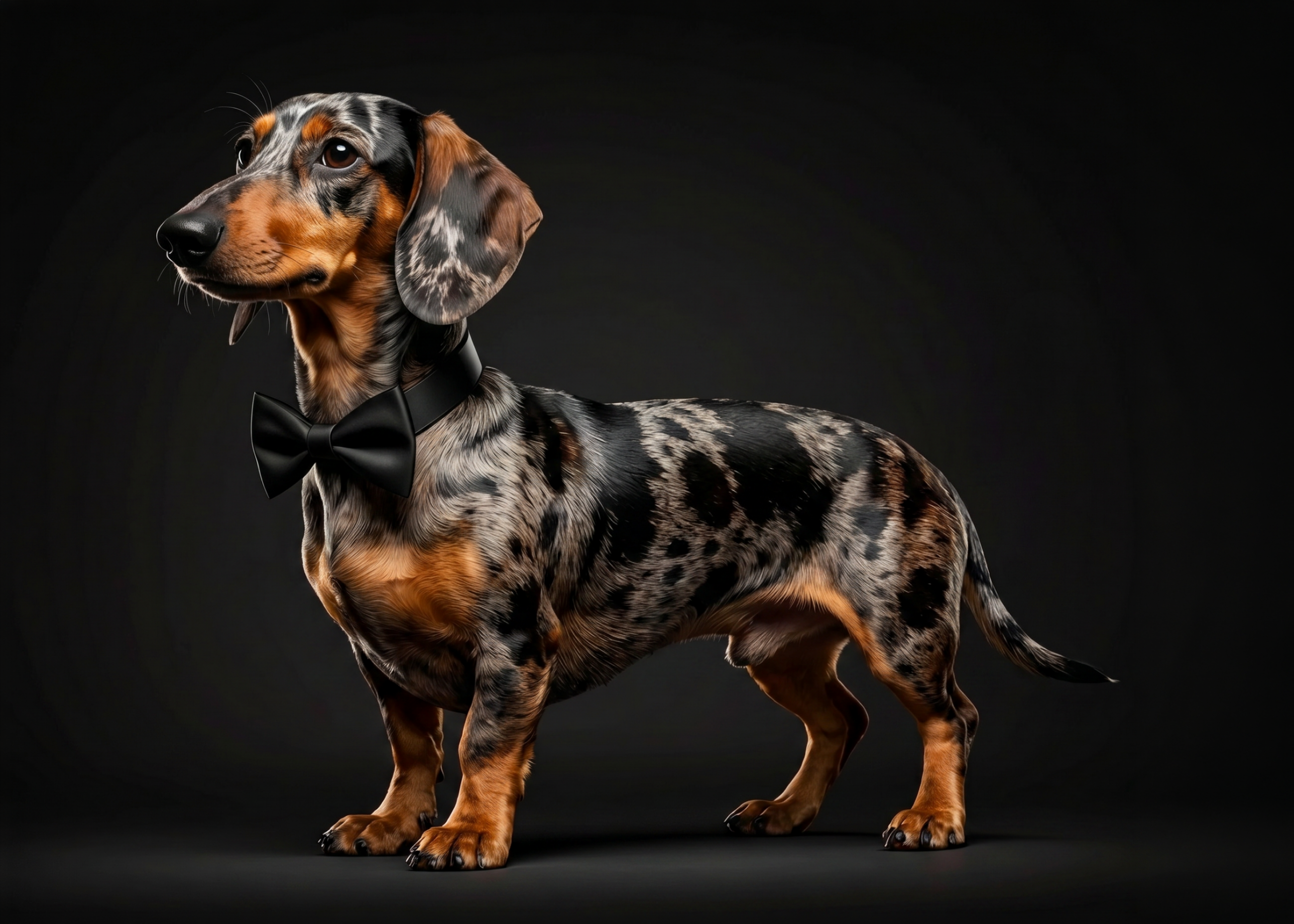 Dapple-colored dachshund wearing a black bow tie on a black background